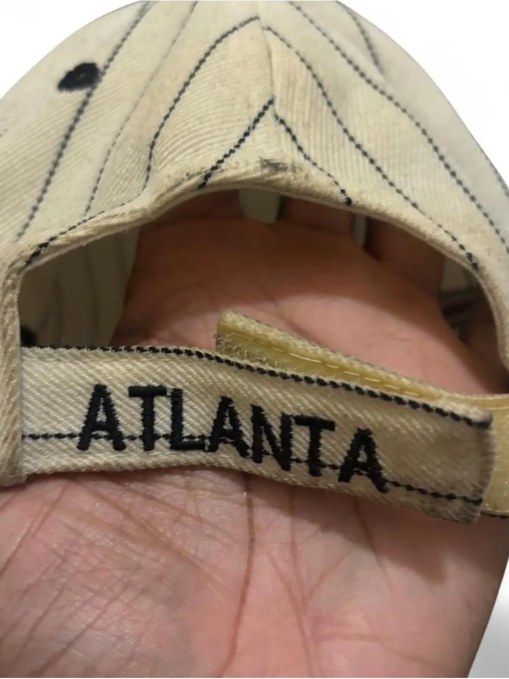 Atlanta Embroidered Pinstripe Baseball Cap in Cream and Black